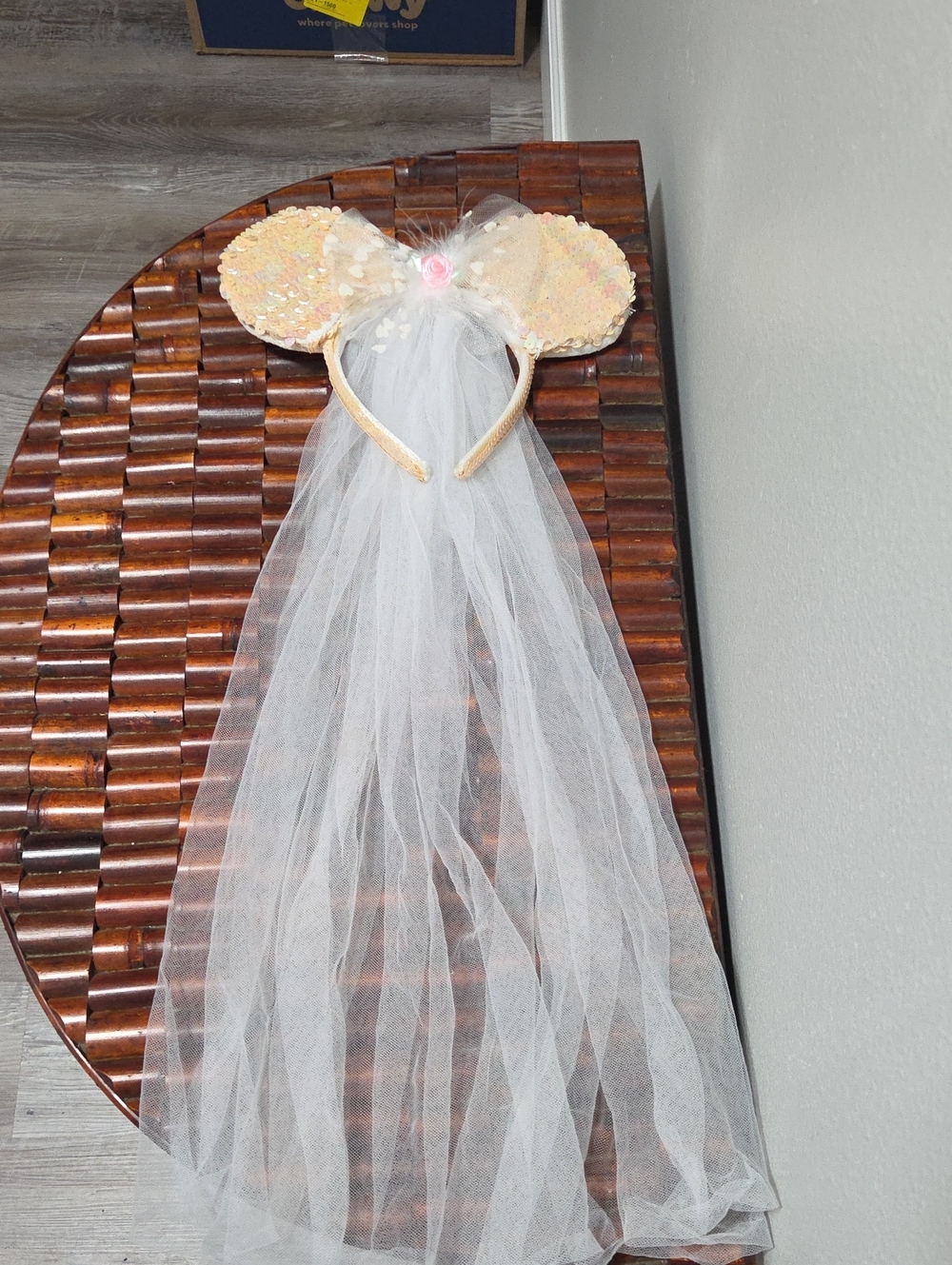Disney Gold Sequin Mouse Ear Headband with White Veil